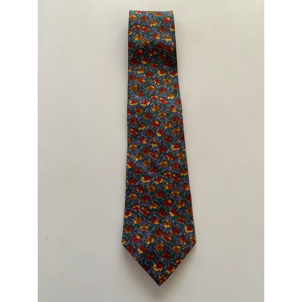 Robert Stock Mens Silk Necktie Green Floral Botanical Print Made in USA 57x3.75